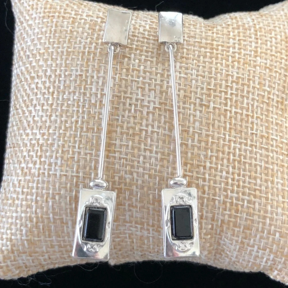 Sterling Silver 925 OJ 47 Art Deco Post Dangle Paddle Earrings Rectangular Black